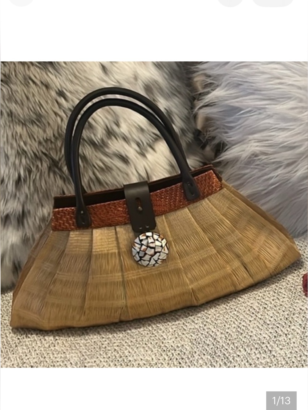 Elegant Tan Pleated Wicker Mosaic Shell Brown Leather Handle Straw Handbag Purse